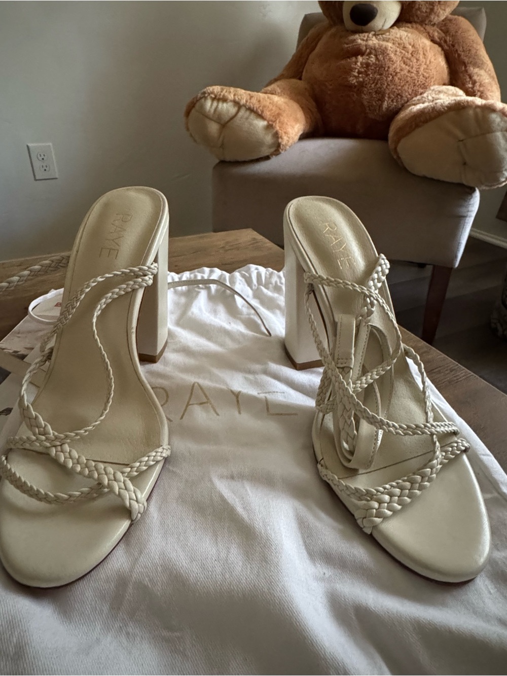 RAYE Ivory Braided Strappy Block Heels 7.5